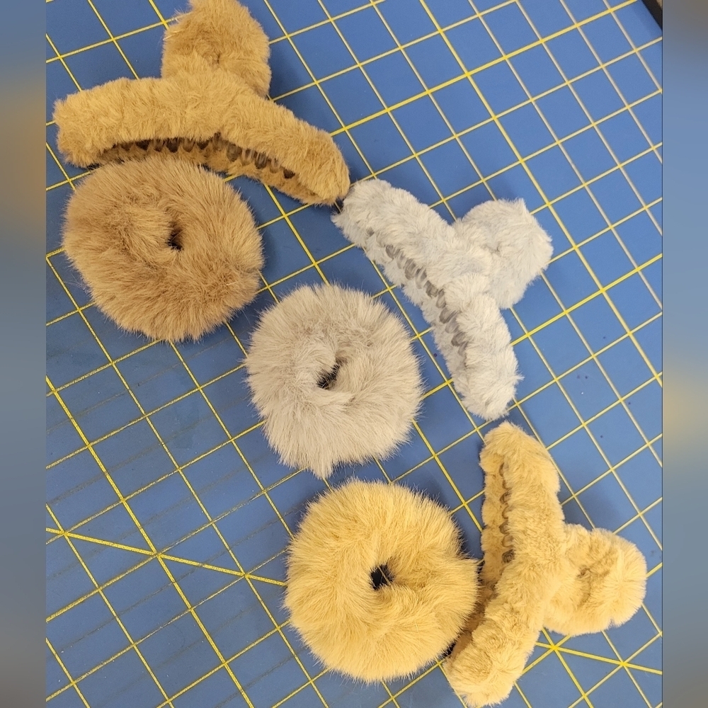 Bundle of 6 Furry Fluffy Hair Clips Keepers Tan, Gray, and Brown